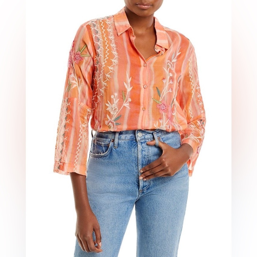 Johnny Was Cherri Floral Embroidered Button Down Shirt Silk Cotton Medium